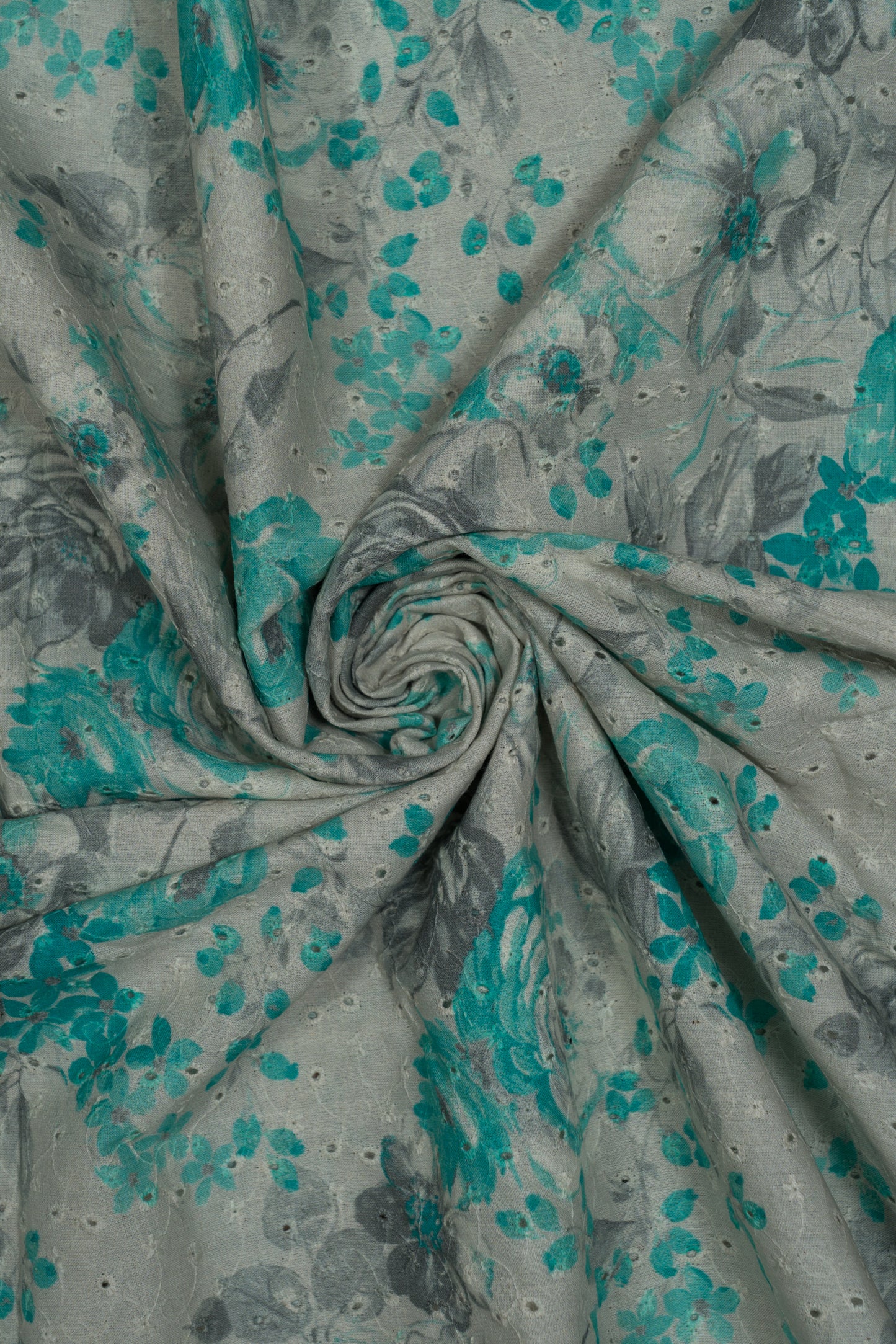 Off White & Bright Teal Floral Printed Pure Cotton Schiffli Embroidered Kurta Fabric And Pure Cotton Pyjama Fabric (2.5 Meters)