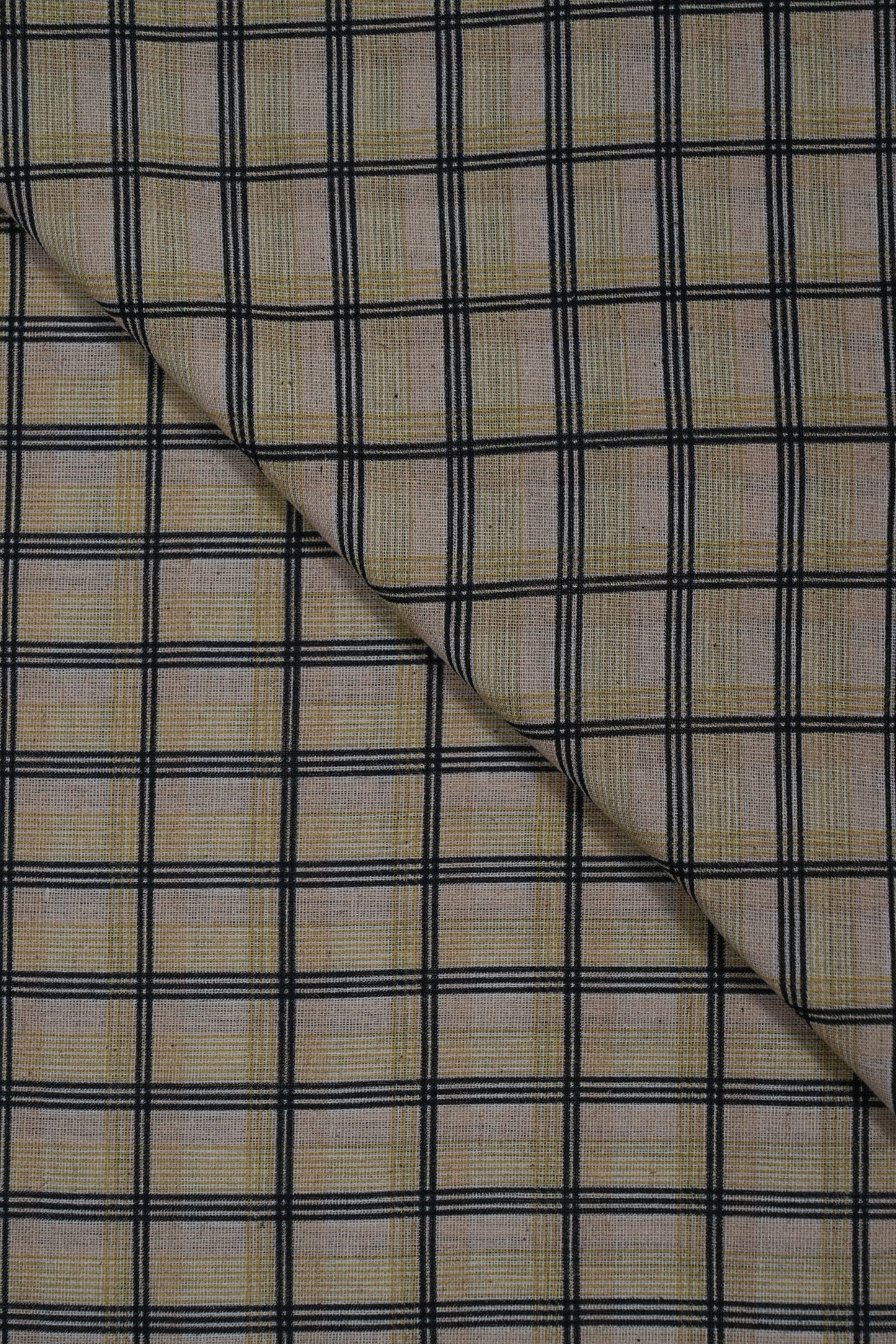Yellow & Black Checks Handloom Cotton Shirting Fabric (Width 44 Inches)