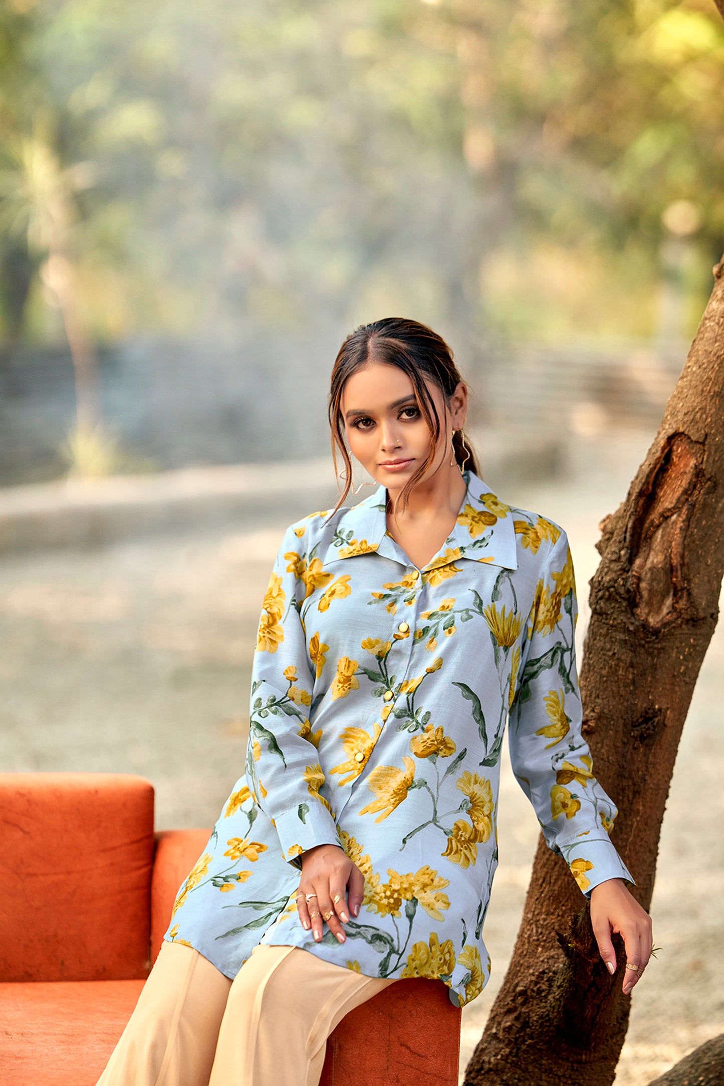 Celestial Blue Bloom Premium Cupro Muslin Shirt