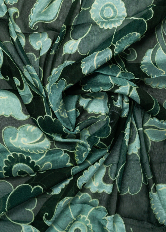 Dark Green Floral Garden Printed Pure Chinon Fabric