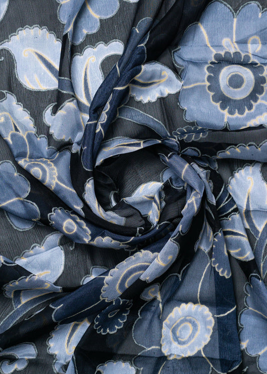 Carbon Black & Grey Floral Printed Pure Chinon Fabric