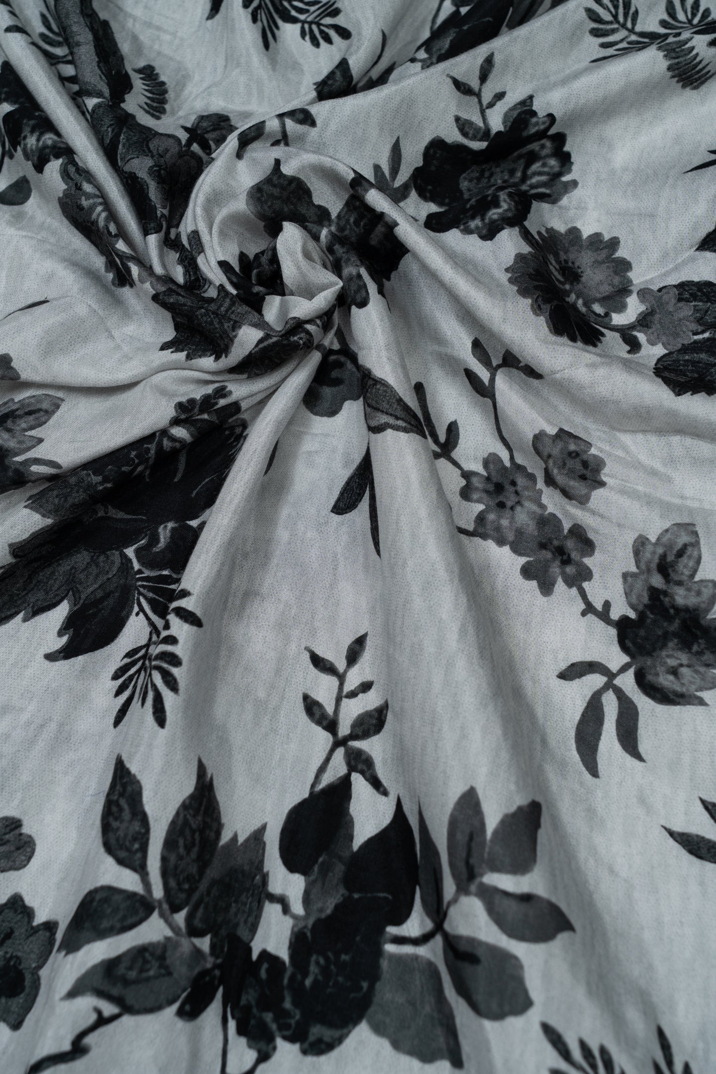 Light Grey & Black Floral Printed Pure Muslin Fabric (Width 44 Inches)