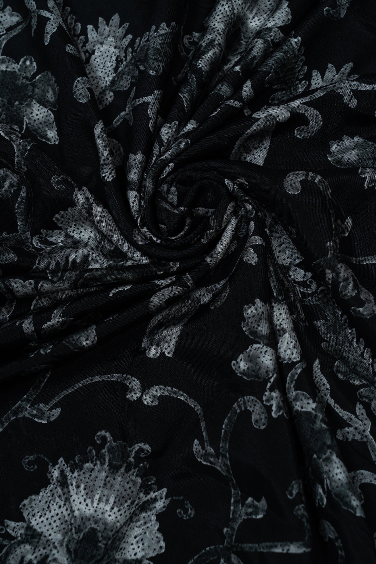All Black Vintage Floral Printed Pure Muslin Fabric (Width 44 Inches)