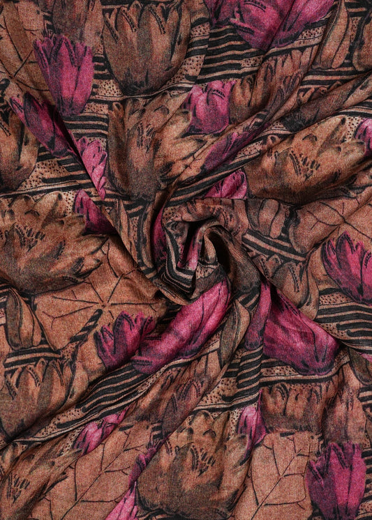 Bronze & Magenta Vintage Flower Printed Pure Chinon Fabric
