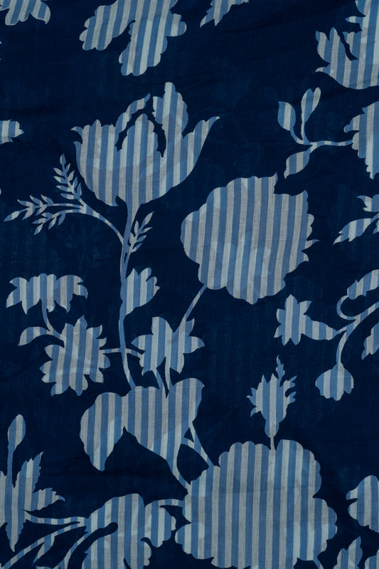 Dark Blue Egyptian Floral Printed Pure Chinnon Fabric