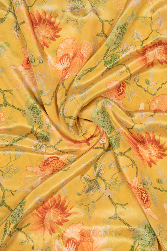 Yellow & Orange Vintage Floral Printed Pure Natural Crepe Fabric (Width 44 Inches)