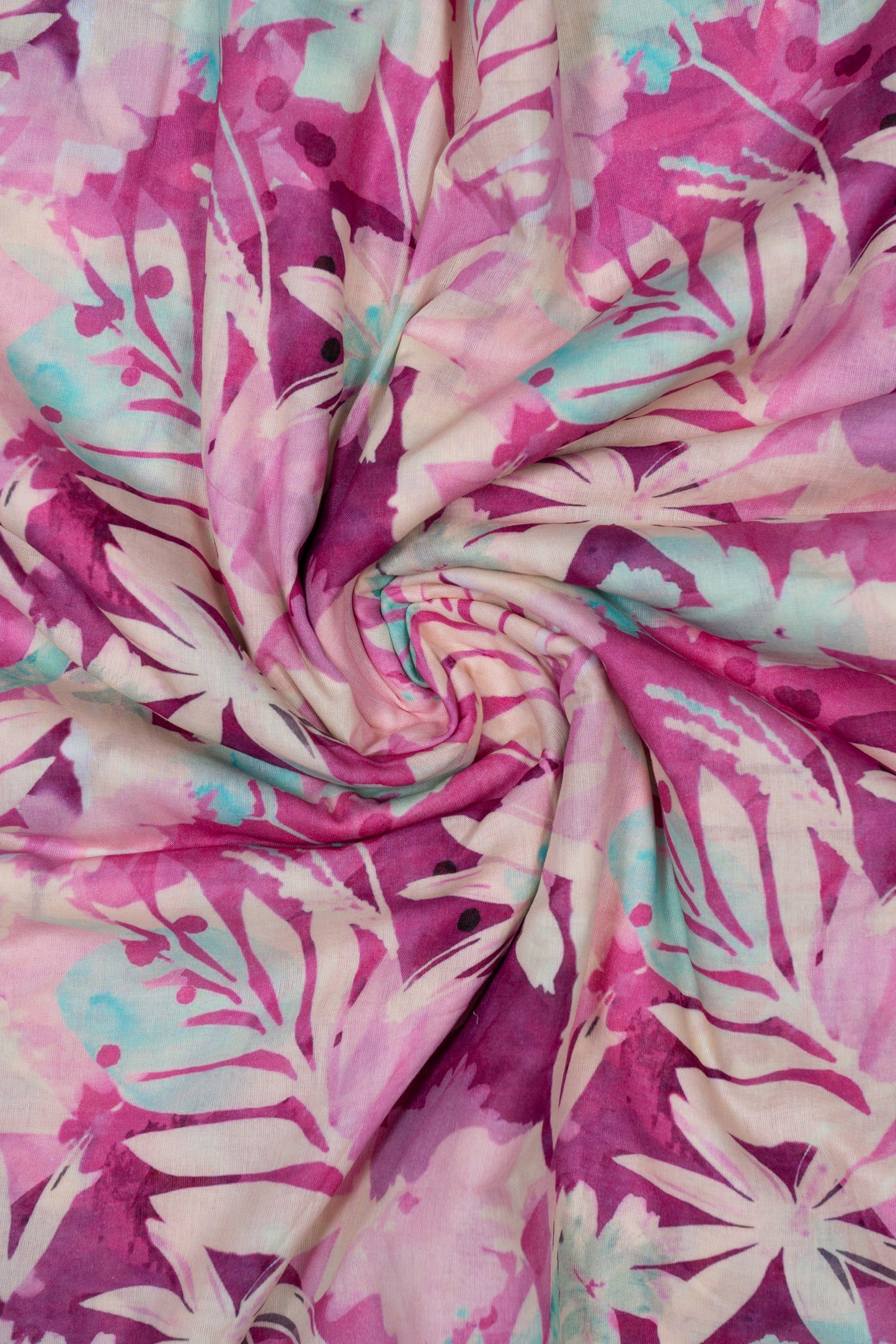 Magenta & Multicolor Leaf Printed Pure Cotton Fabric (Width 44 Inches)