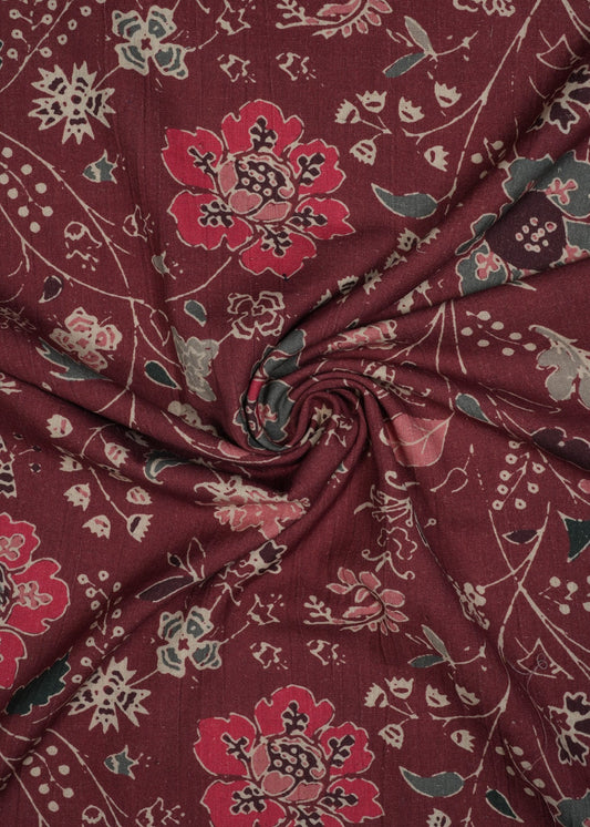 Wine Color Floral Handloom Cotton Printed Fabric