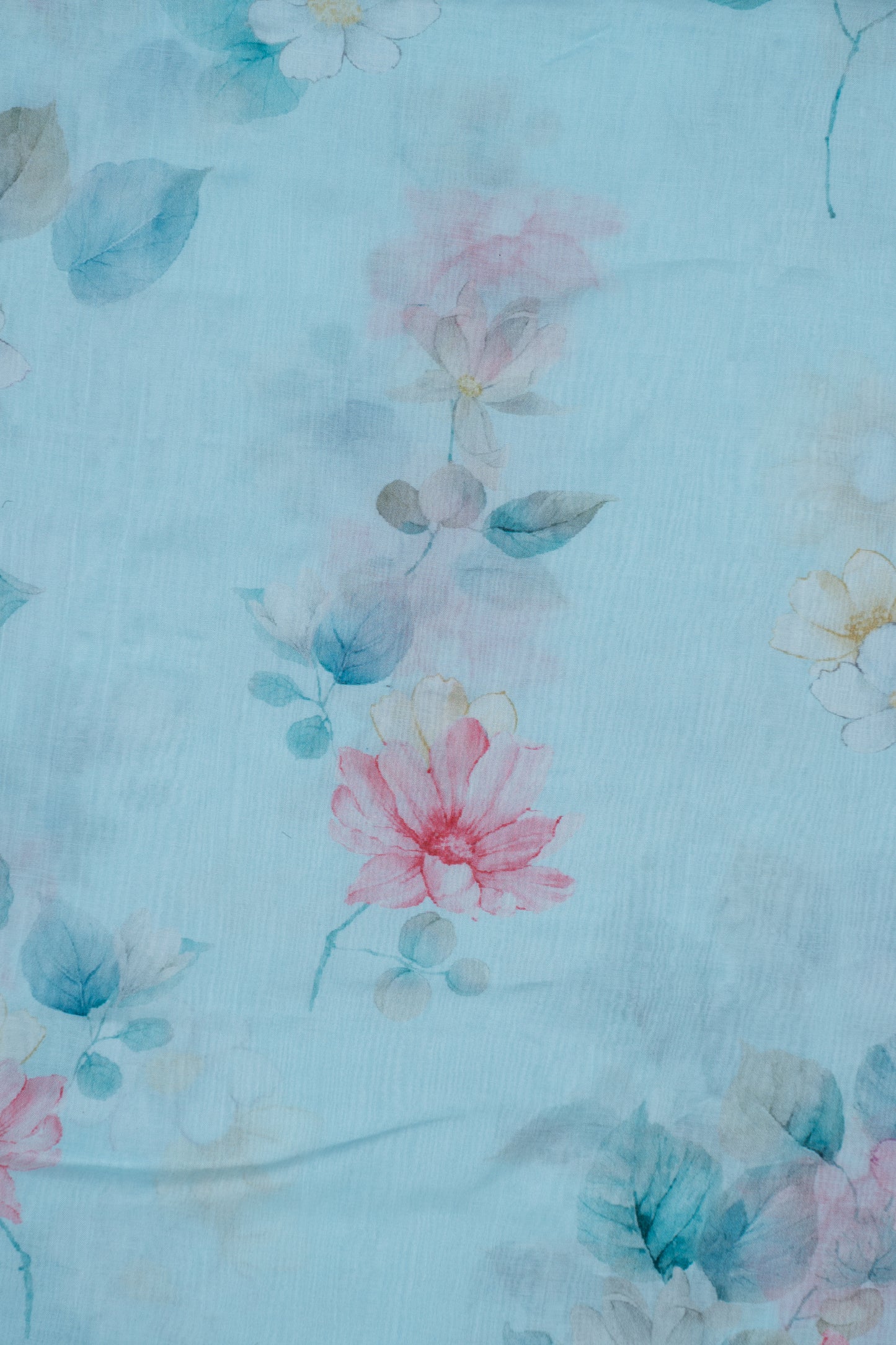 Sky Blue & Pink Color Floral Printed Pure Malai Chanderi Fabric (Width 44 Inches)