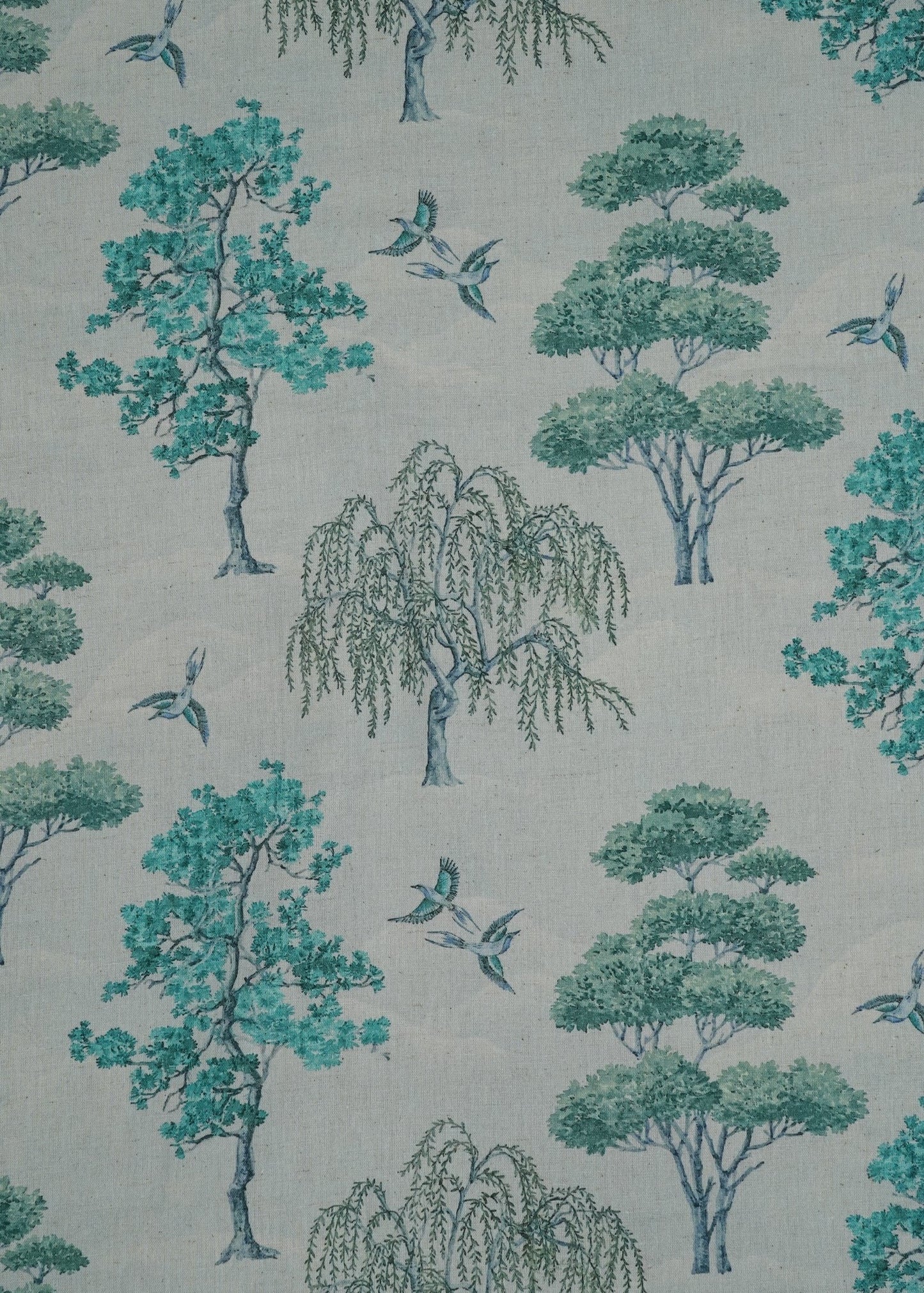 Silver & Turquoise Tree Printed Pure Handloom Cotton Fabric (Width 58 Inches)