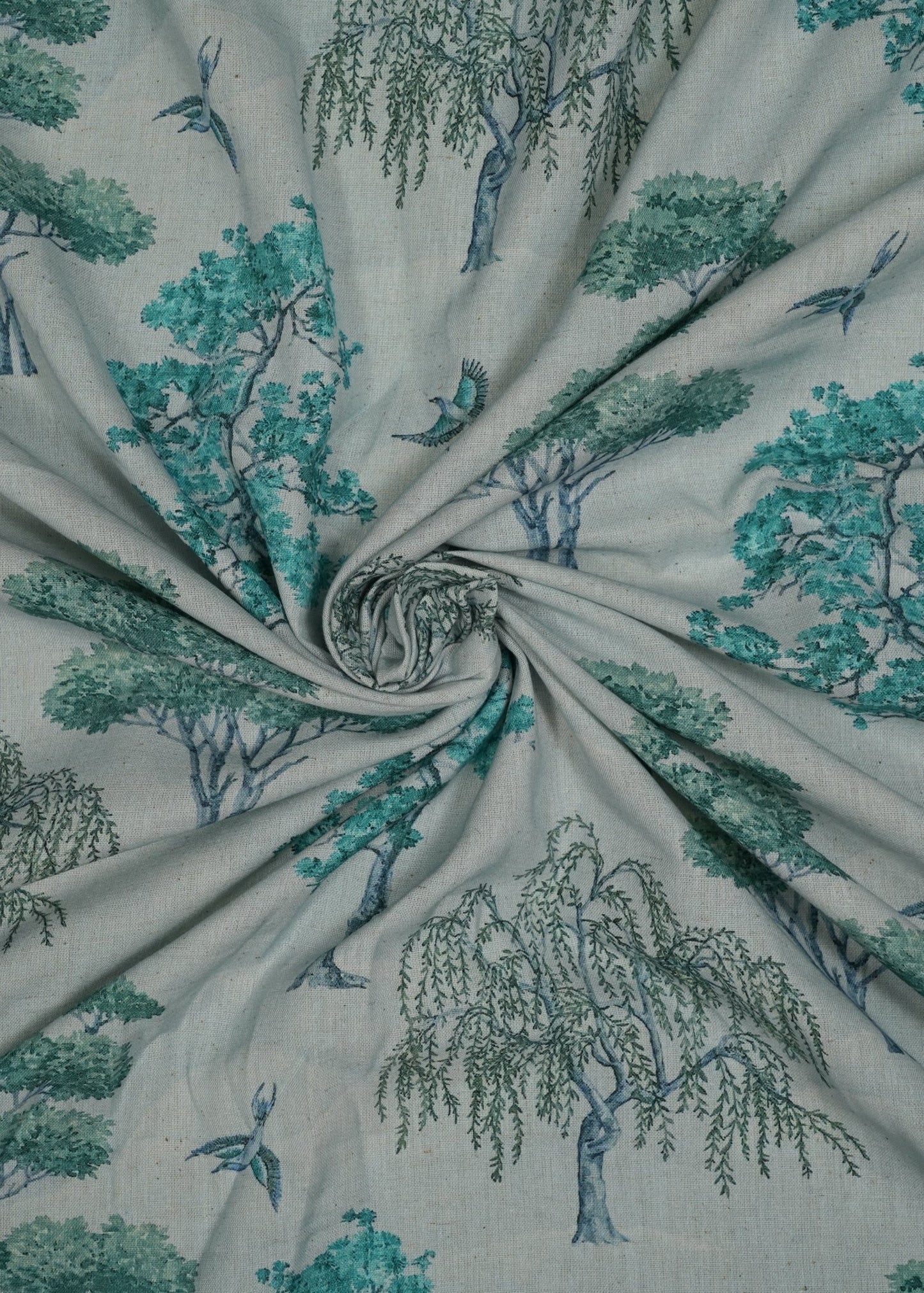 Silver & Turquoise Tree Printed Pure Handloom Cotton Fabric (Width 58 Inches)