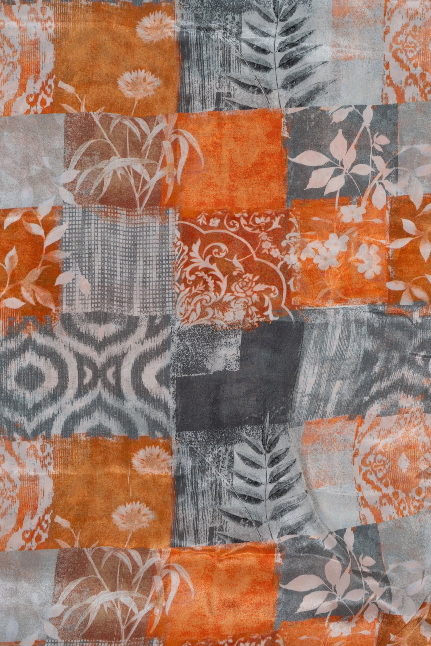 Rust Orange & Grey Applique Printed Pure Natural Crepe Fabric (Width 44 Inches)