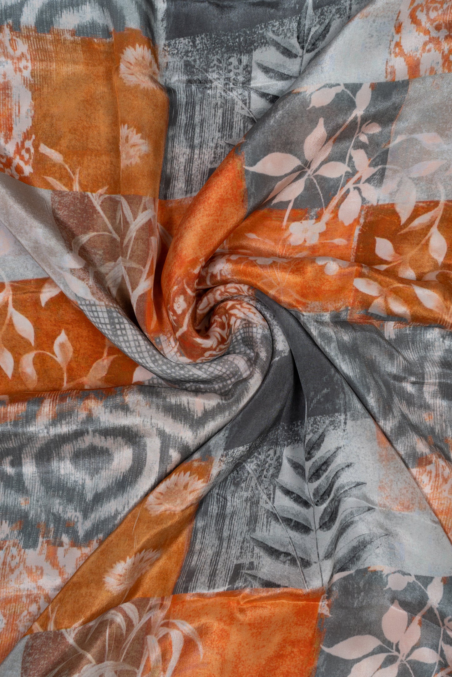 Rust Orange & Grey Applique Printed Pure Natural Crepe Fabric (Width 44 Inches)
