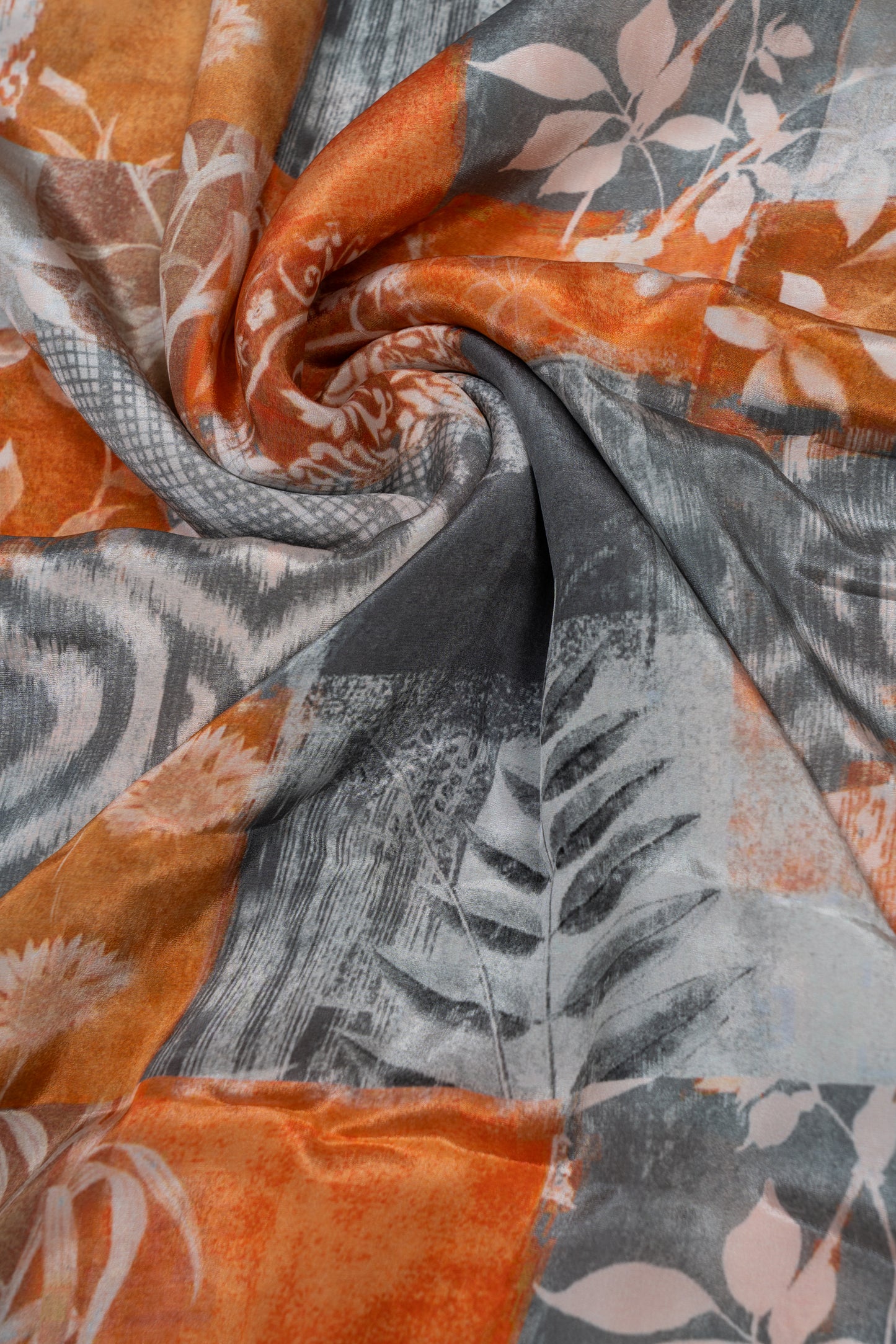 Rust Orange & Grey Applique Printed Pure Natural Crepe Fabric (Width 44 Inches)