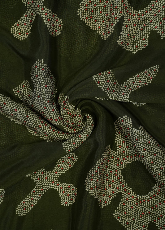 Dark Olive Green Color Floral Printed Pure Chinon Fabric