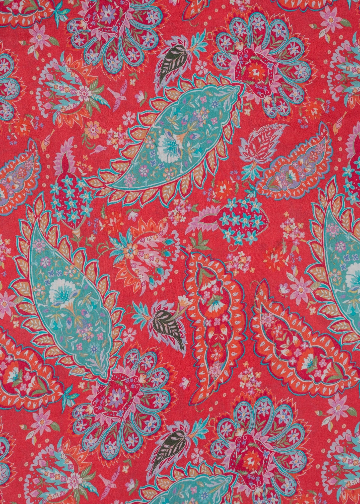 Red & Turquoise Paisley Printed Pure Muslin Fabric