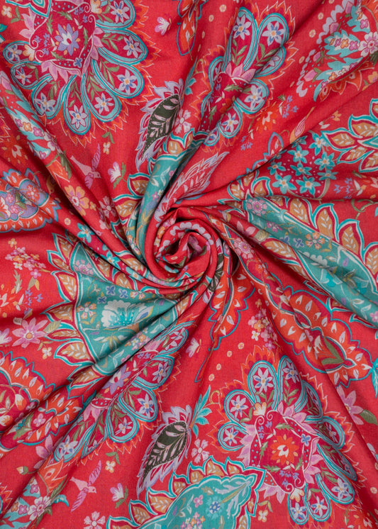 Red & Turquoise Paisley Printed Pure Muslin Fabric