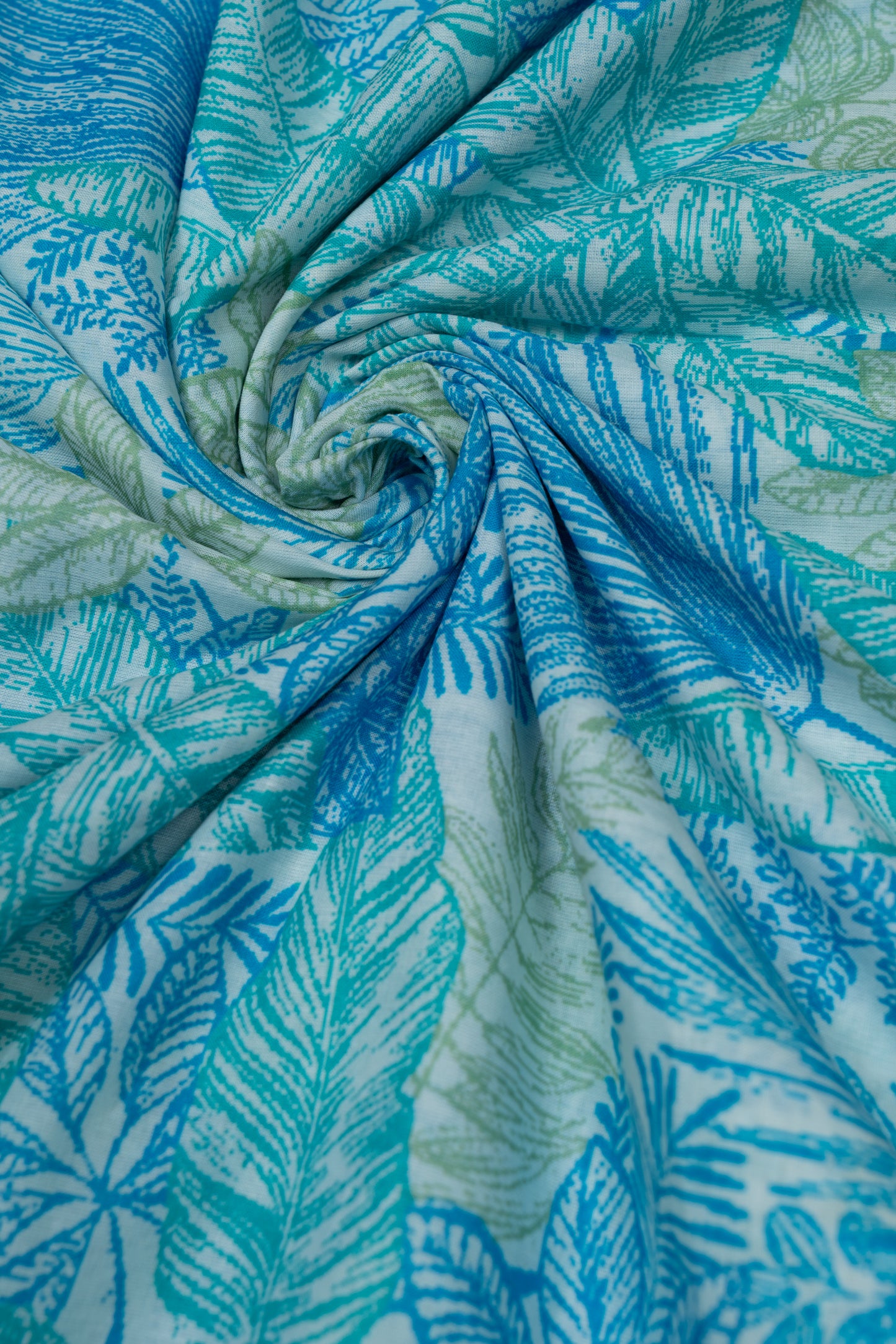 Turquoise & Lime Green Autumn Fern Whisper Printed Pure Cotton Fabric (Width 44 Inches)