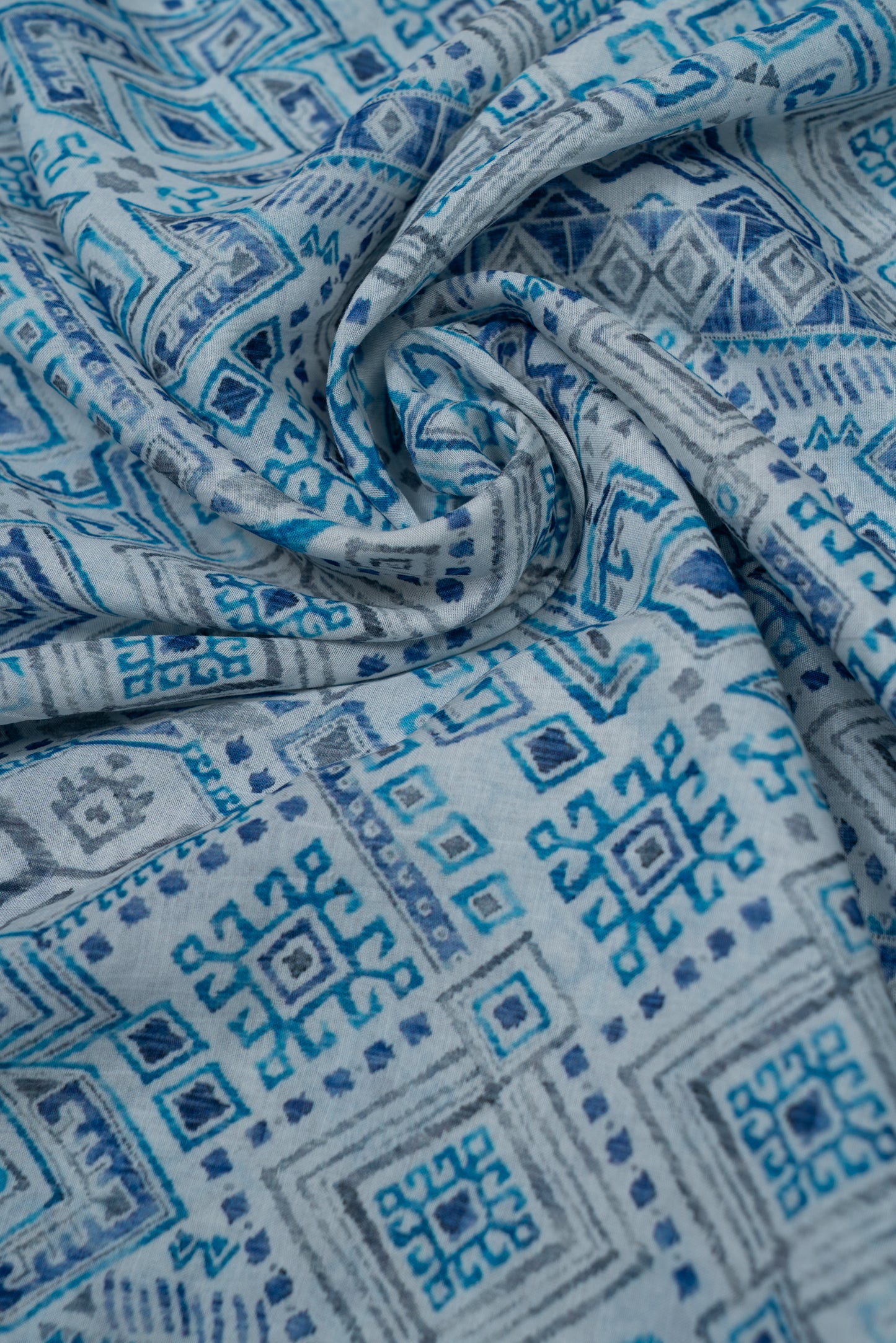 Sky Blue Azure Mosaic Printed Pure Malai Chanderi Fabric (Width 44 Inches)