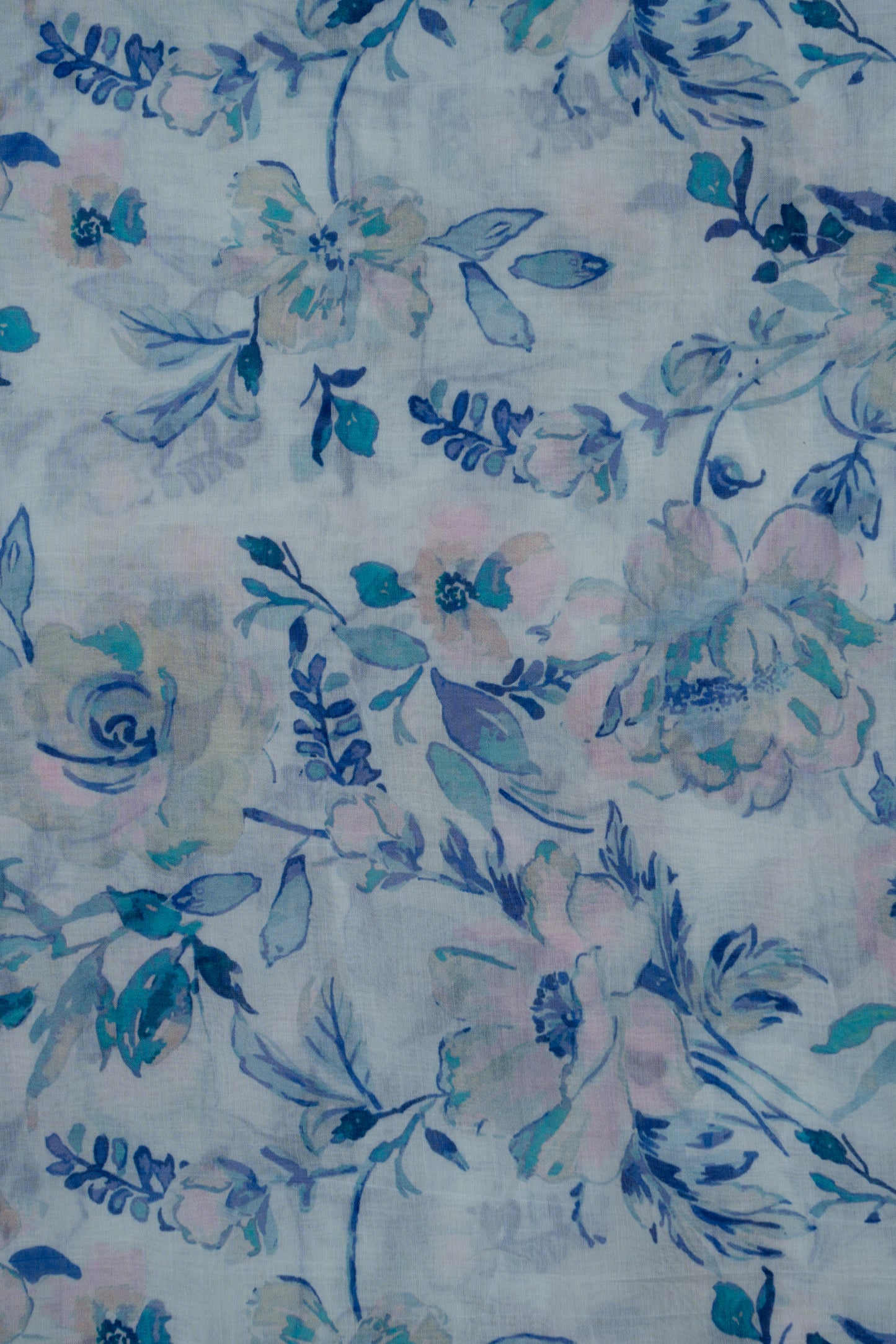 White & Blue Floral Printed Pure Malai Chanderi Fabric (Width 44 Inches)