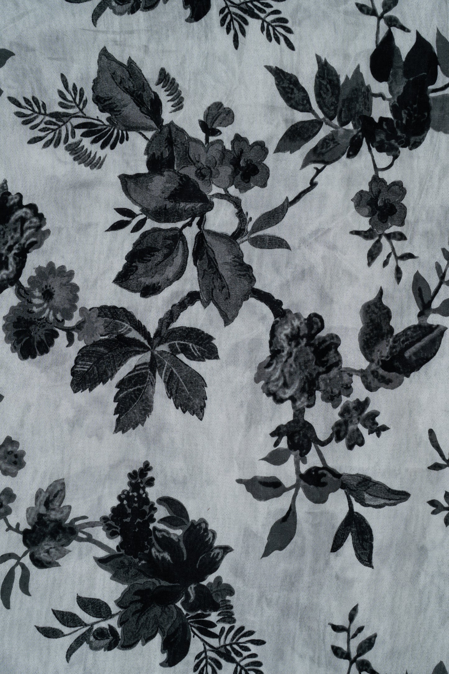 Light Grey & Black Floral Printed Pure Muslin Fabric (Width 44 Inches)