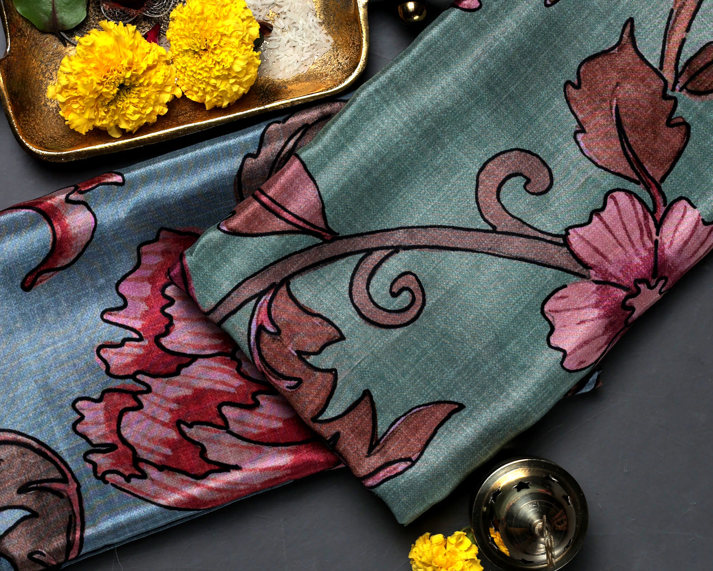 Teal Charm With Crimson Blooms Vintage Garden Pure Natural Crepe Combo (2 Qty & Length : 2.5 Meters Each)