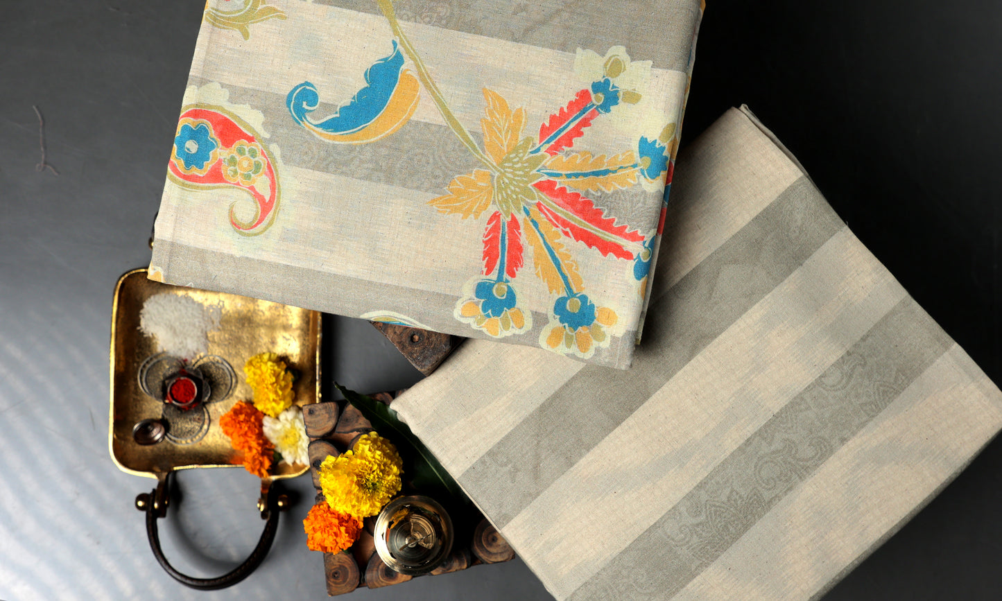 Elegance in Every Thread Handwoven Floral Print with Traditional Ritual Accents Top And Bottom Set Set (2 Qty & Length : 2.5 Meters Each)