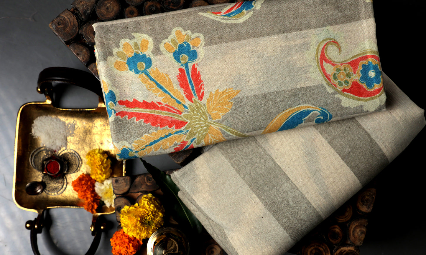 Elegance in Every Thread Handwoven Floral Print with Traditional Ritual Accents Top And Bottom Set Set (2 Qty & Length : 2.5 Meters Each)