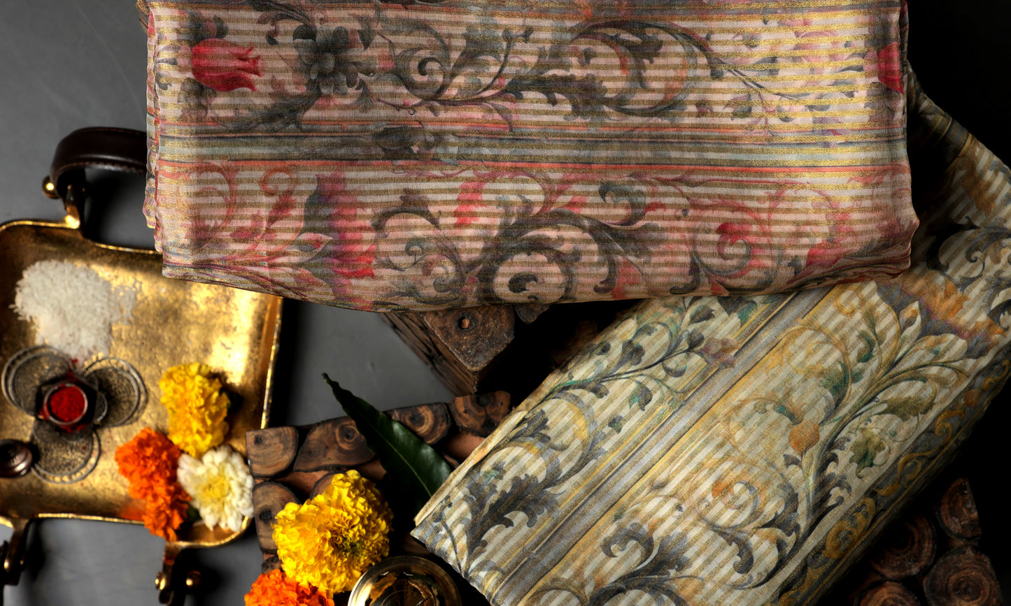 Floral Harmony Elegance in Pastel Hues Tabby Stripes Combo Set (2 Qty & Length : 2.5 Meters Each)