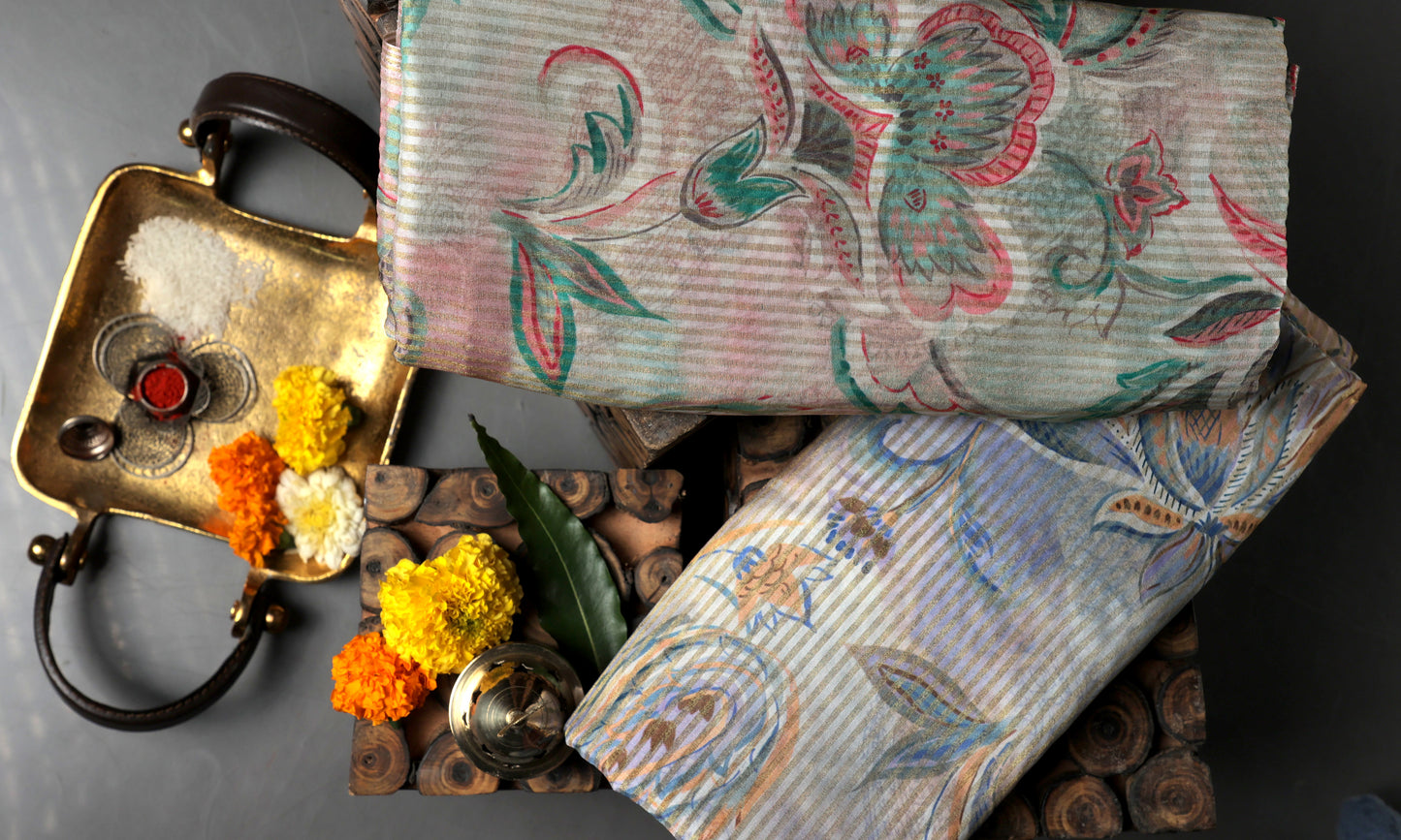 Floral Harmony Elegance in Pastel Hues Tabby Stripes Combo Set (2 Qty & Length : 2.5 Meters Each)