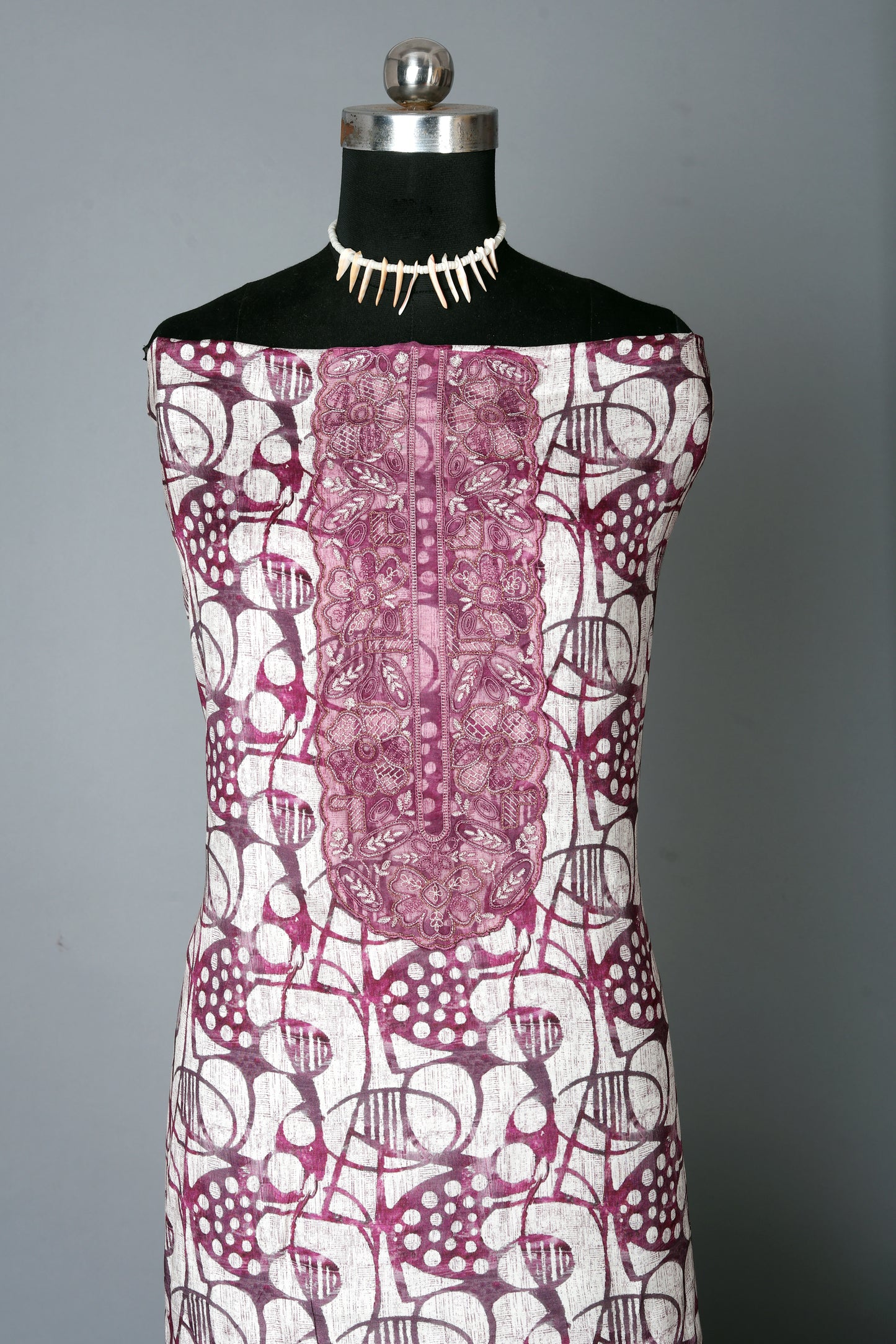 White & Wine Purple Pure Muslin Unstitched Suit Set With Organza Dupatta