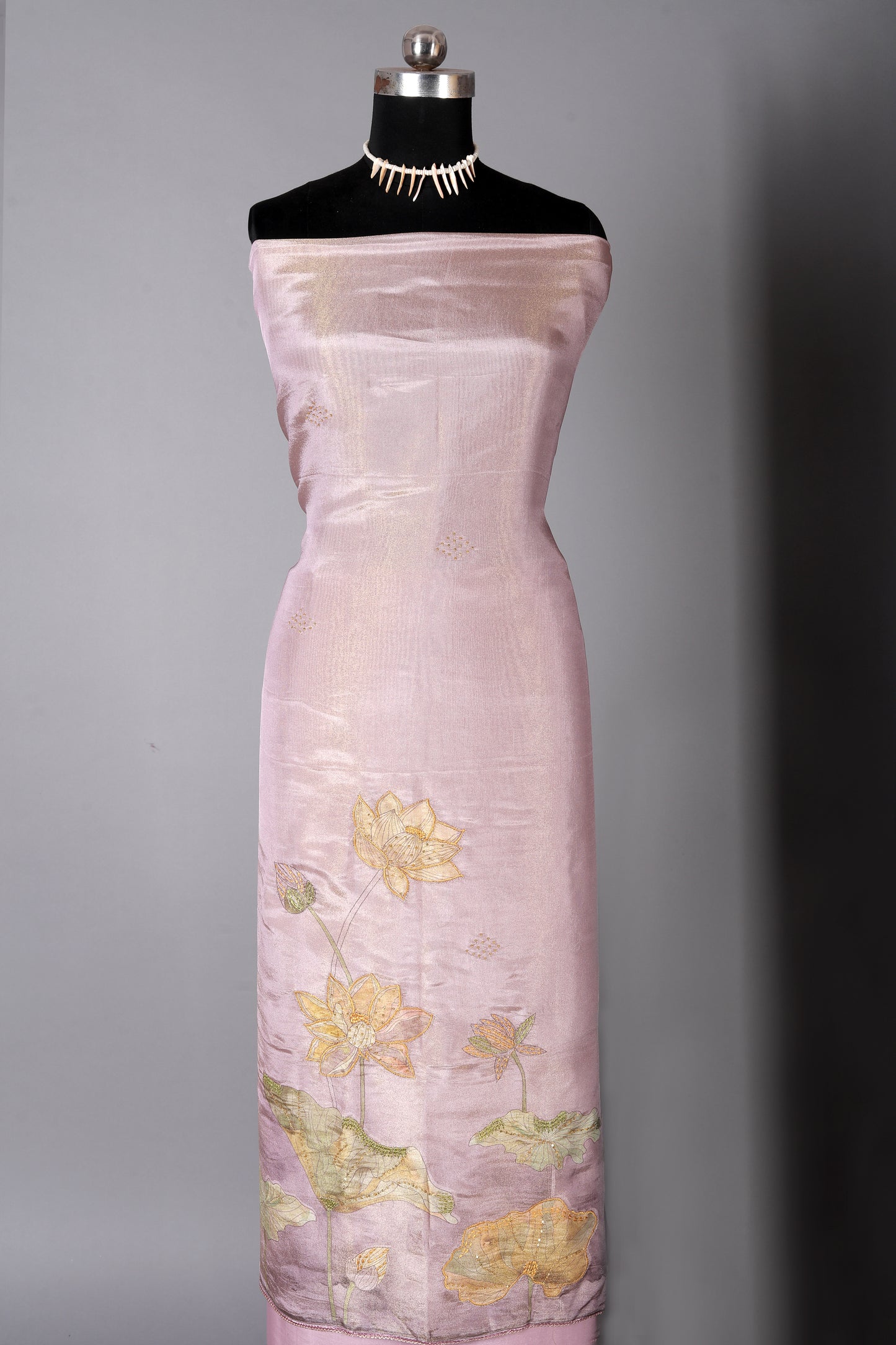 Dusty Pink Lotus Motif Embroidered Organza Shimmer Unstitched Suit Set