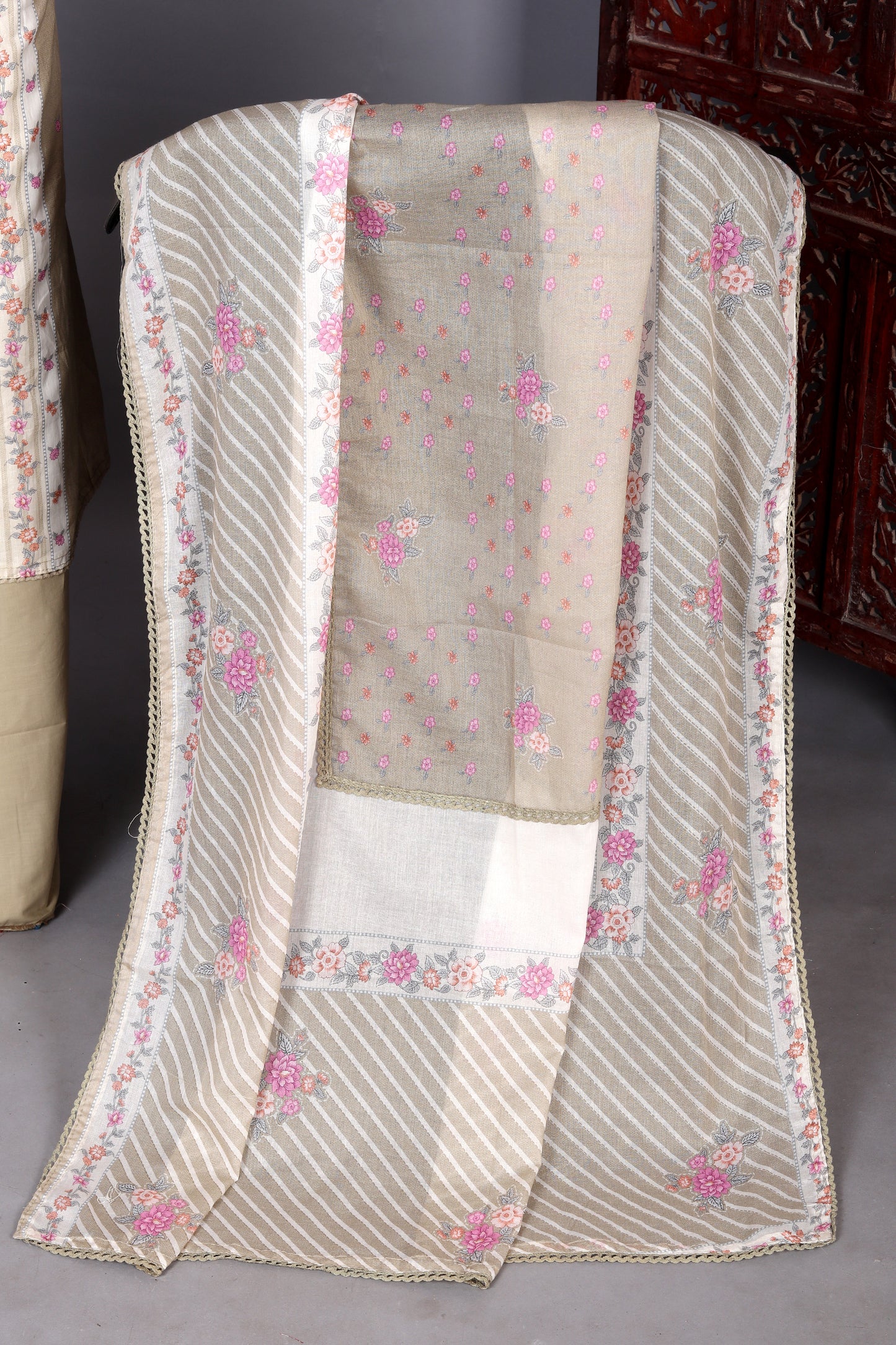Light Chiku Brown Floral Digital Printed Unstitched Suit Set