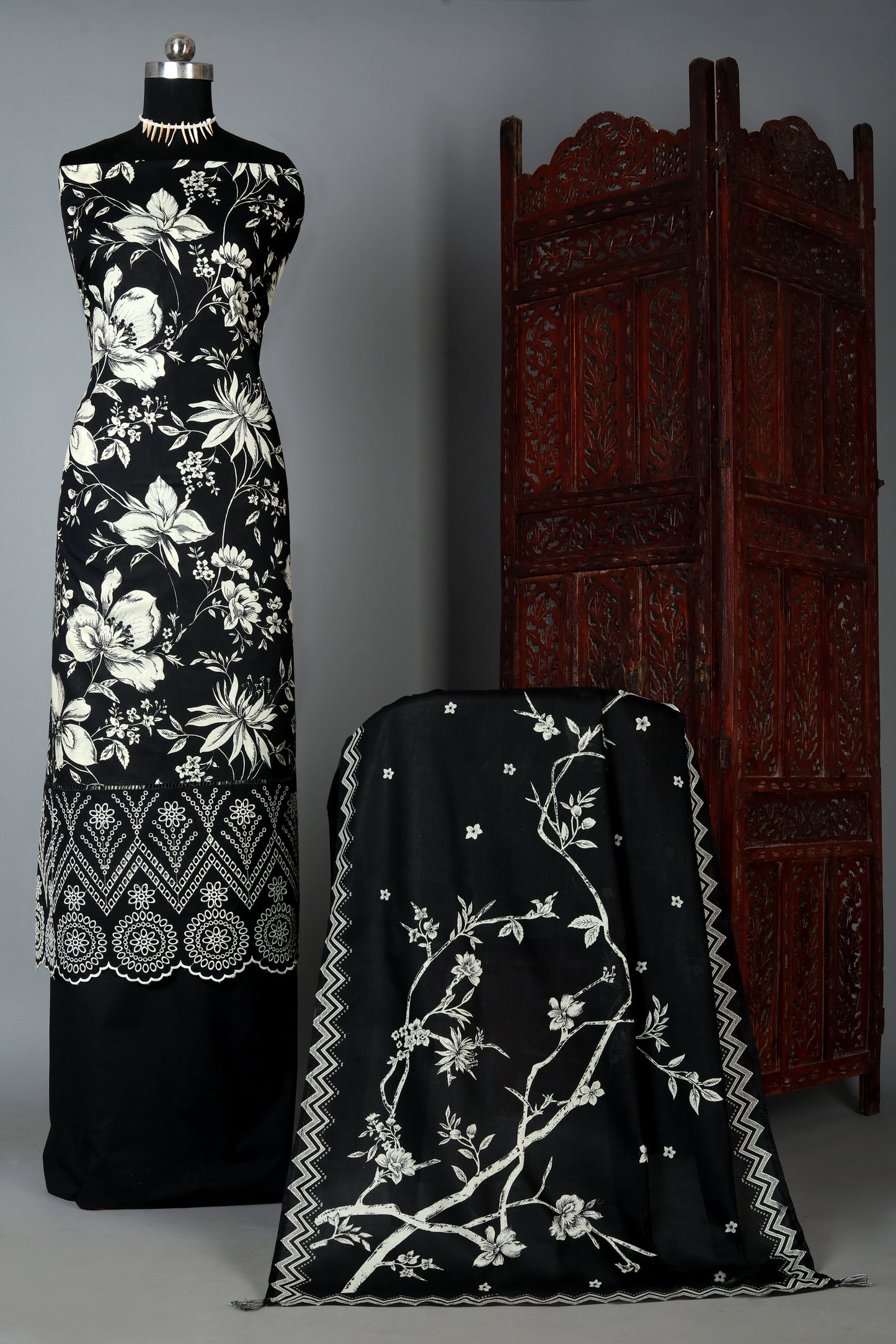Jade Black Pure Cotton Embroidered Daman Unstitched Suit Set