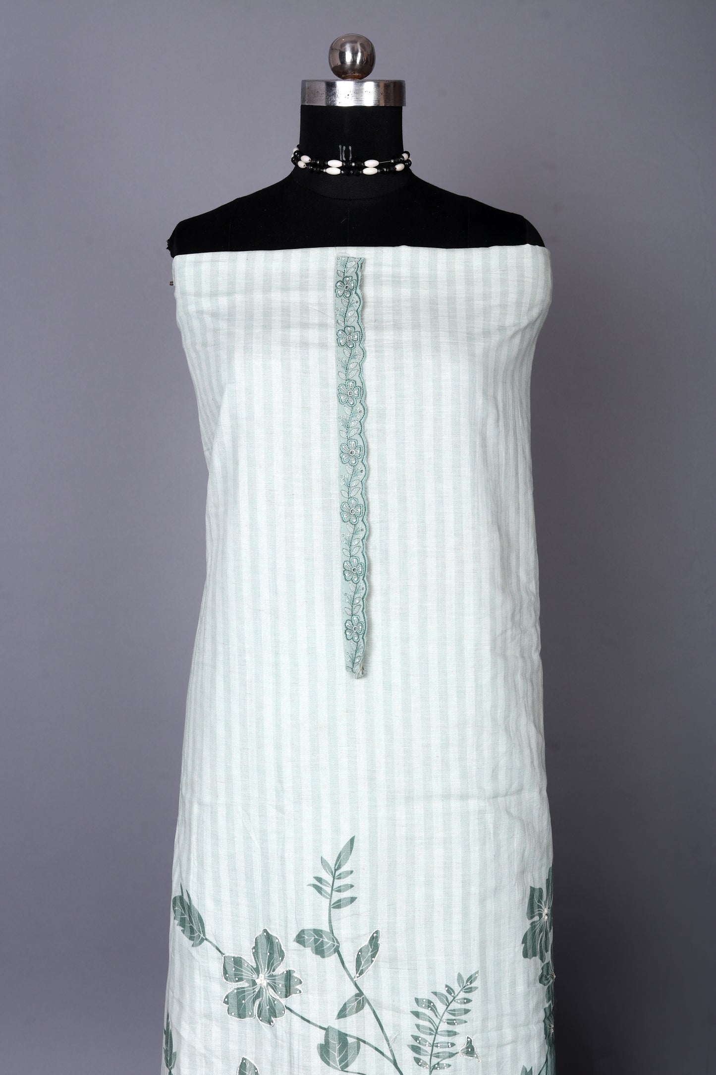Elegant Green Floral Striped Unstitched Suit Set