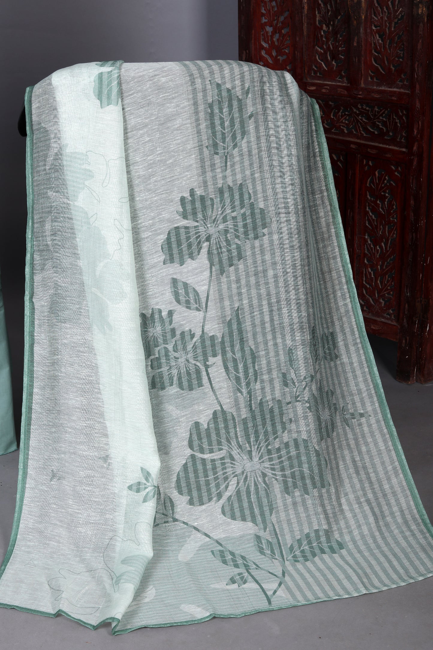 Elegant Green Floral Striped Unstitched Suit Set