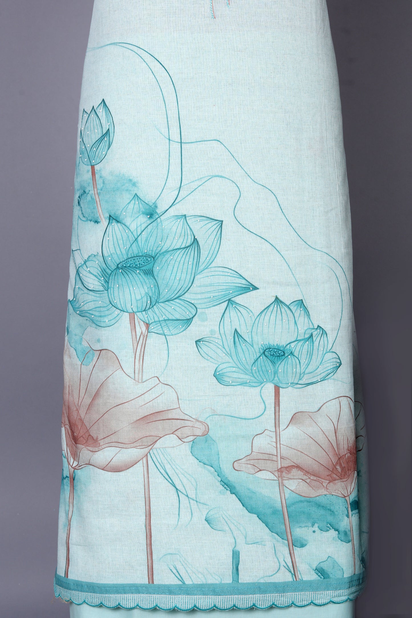 Turquoise Blue Lotus Printed Pure Linen Unstitched Suit Set