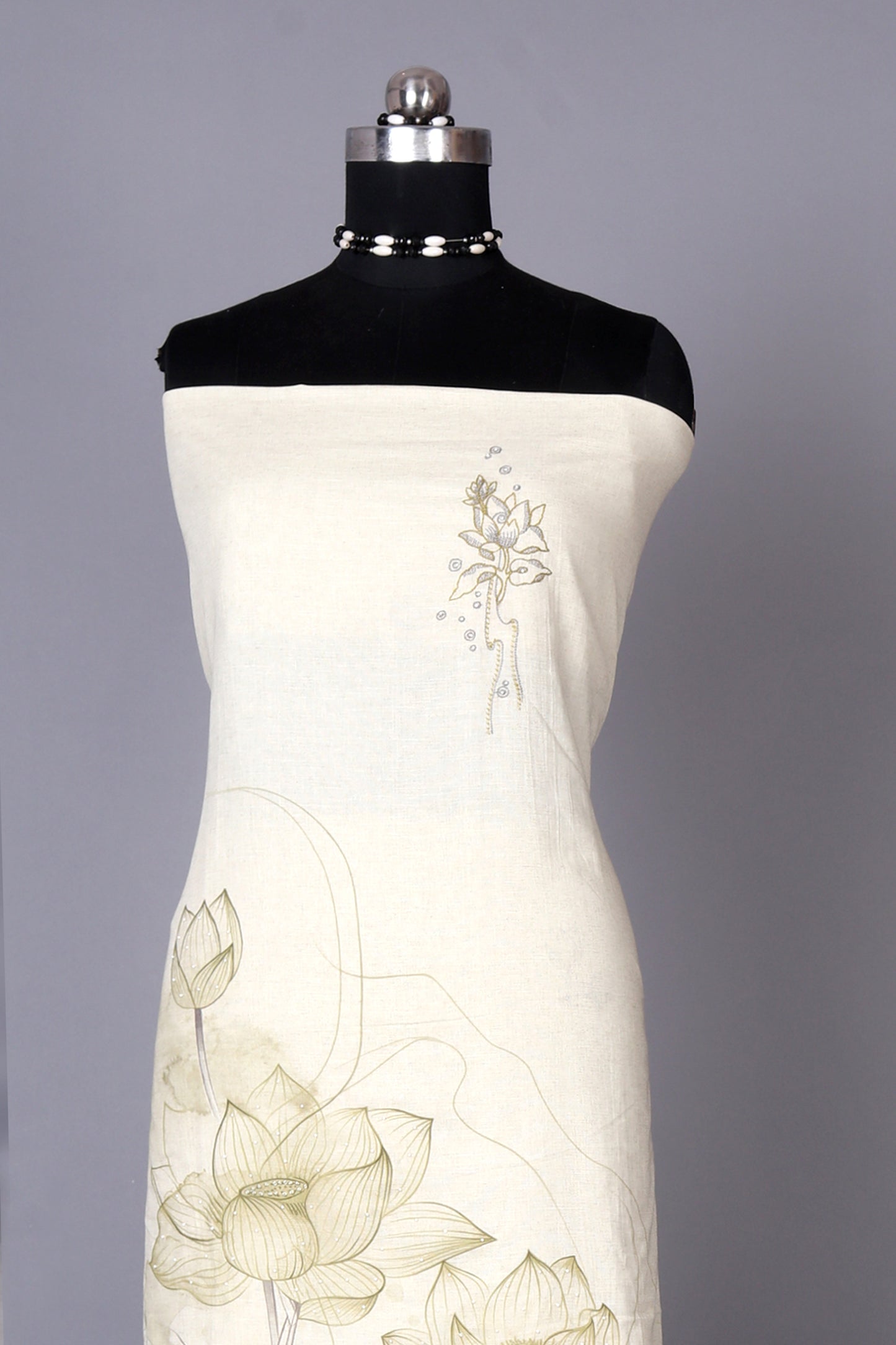 Lime Green Lotus Printed Pure Linen Unstitched Suit Set