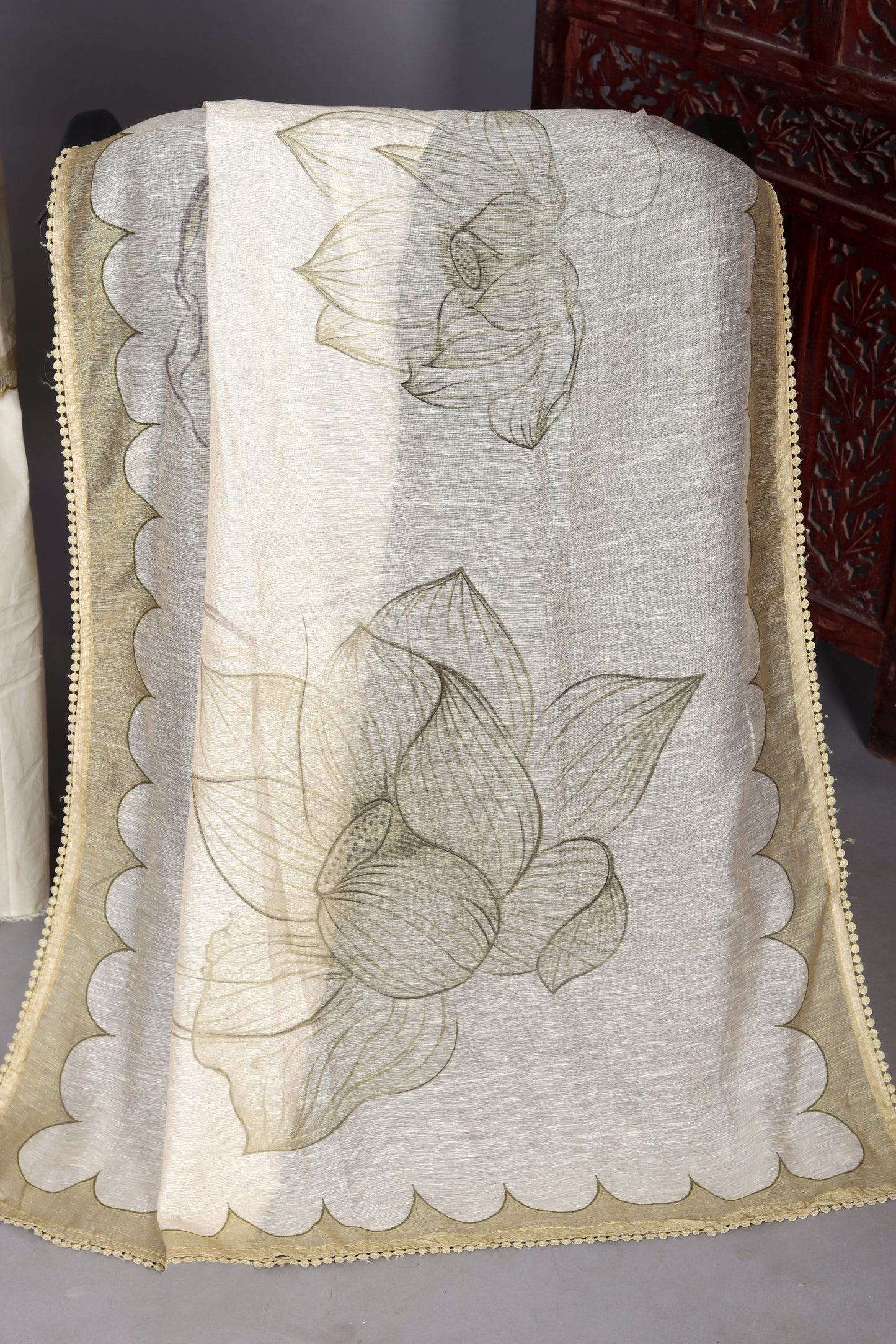 Lime Green Lotus Printed Pure Linen Unstitched Suit Set