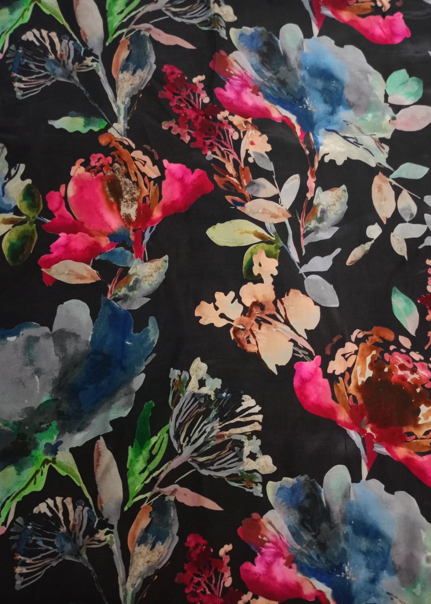Black & Multicolor Floral Pure Natural Crepe Printed Fabric (Width 58 Inches)