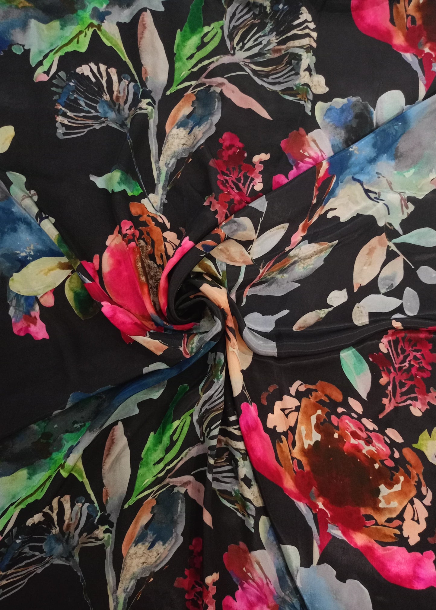 Black & Multicolor Floral Pure Natural Crepe Printed Fabric (Width 58 Inches)