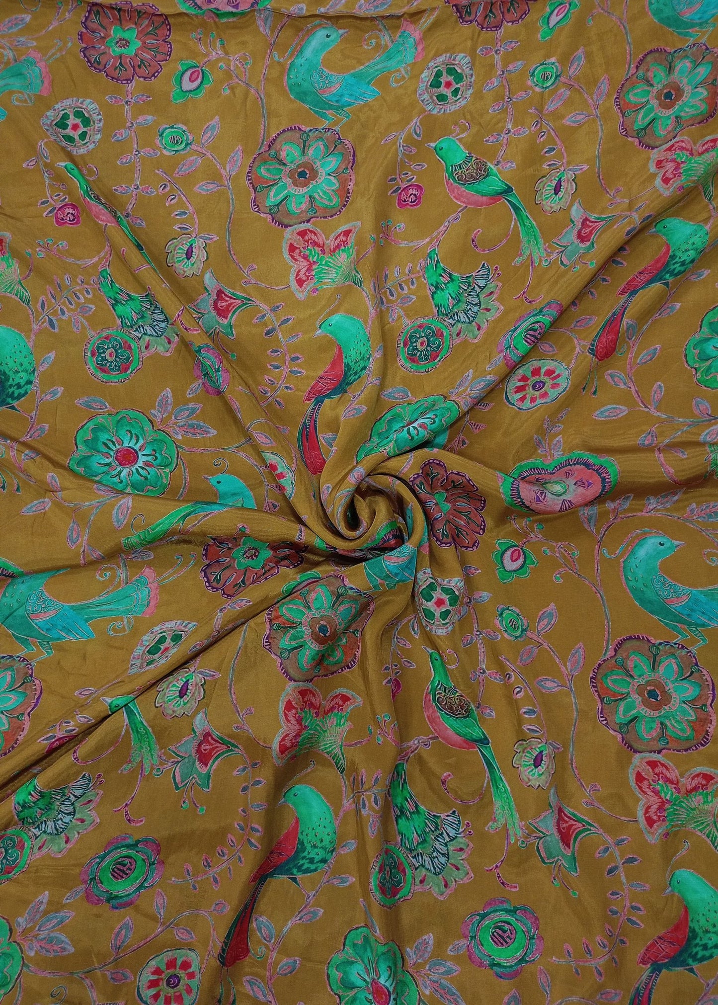 Mustard & Green Birds Printed Pure Natural Crepe Fabric