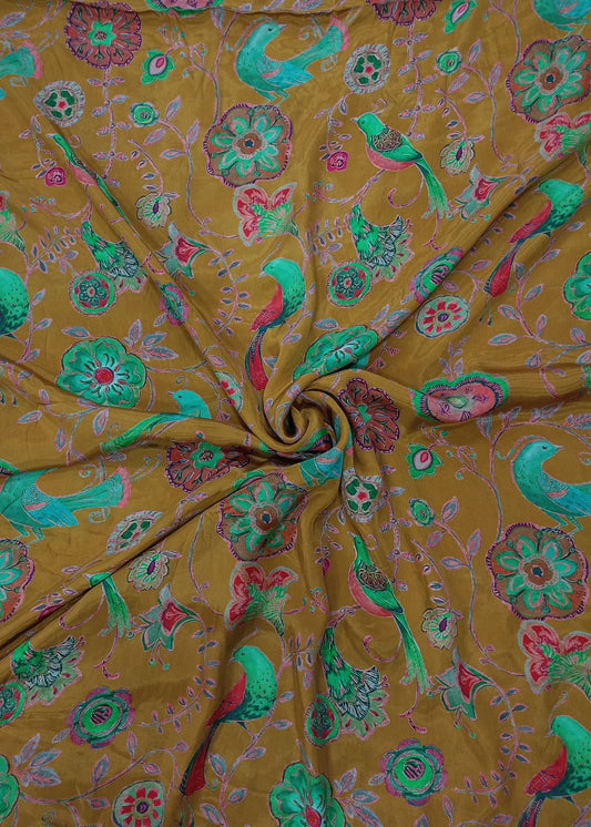 Mustard & Green Birds Printed Pure Natural Crepe Fabric