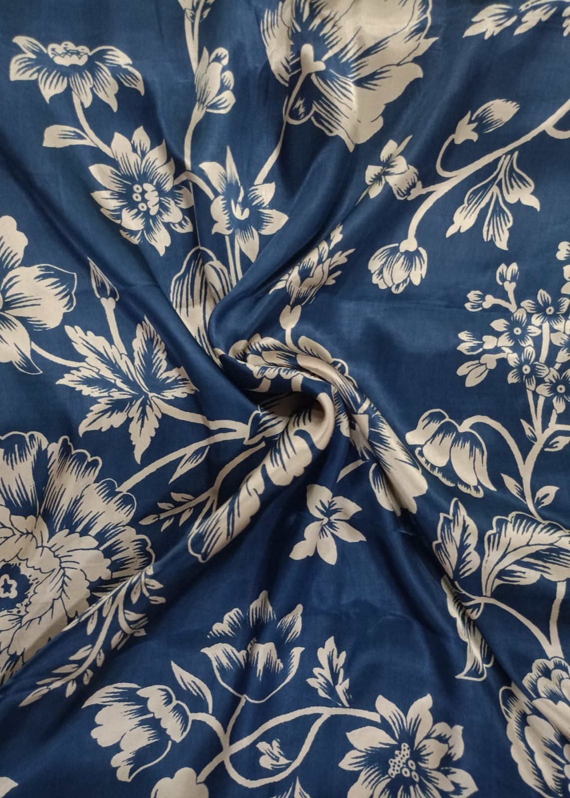 Navy Blue & Cream Flower Of Garden Printed Pure Gajji Silk Fabric