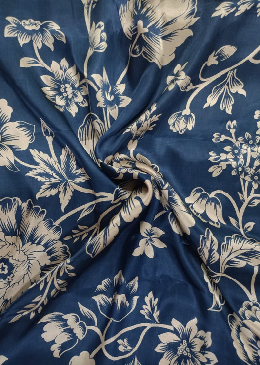 Navy Blue & Cream Flower Of Garden Printed Pure Gajji Silk Fabric