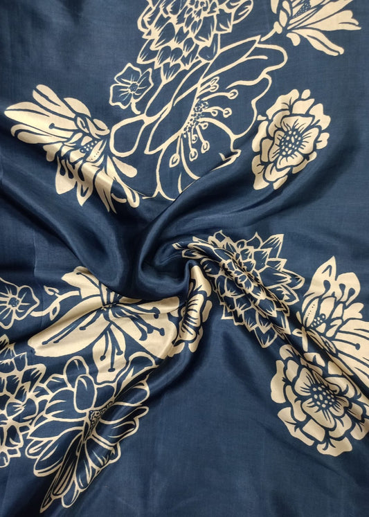 Dusty Blue & Cream Color Floral Printed Pure Gajji Silk Fabric
