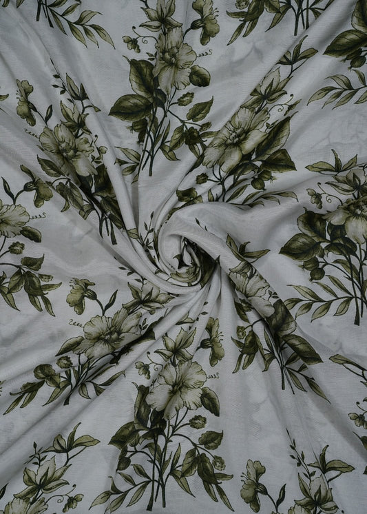 Pure White & Dark Green Flower Printed Pure Muslin Fabric