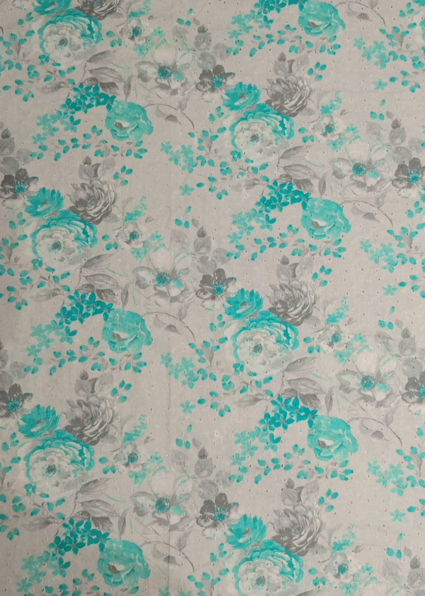 Grey & Aqua Blue Pure Cotton Schiffli Printed Embroidered Fabric
