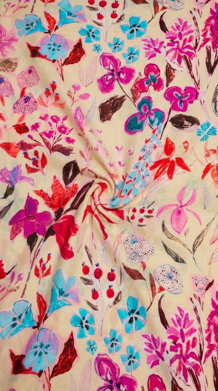 Linen Silk Printed Fabric