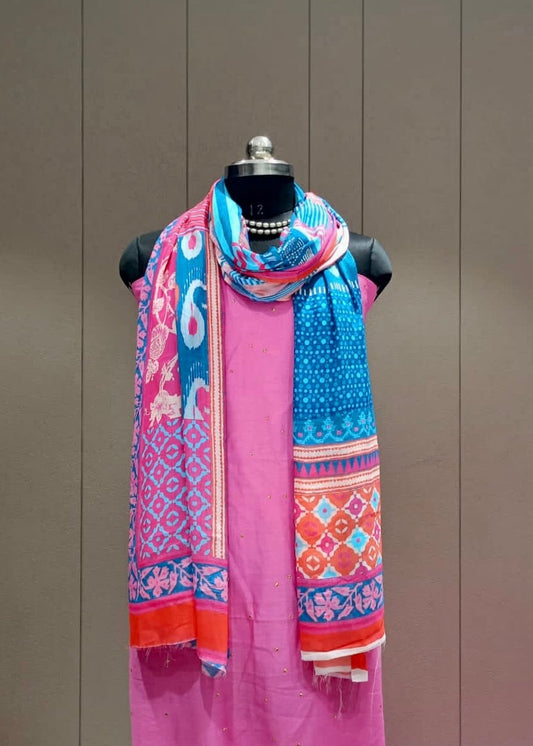 Blue & Multicolor Abstract Pure Chinon Printed Dupatta